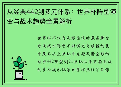 从经典442到多元体系：世界杯阵型演变与战术趋势全景解析