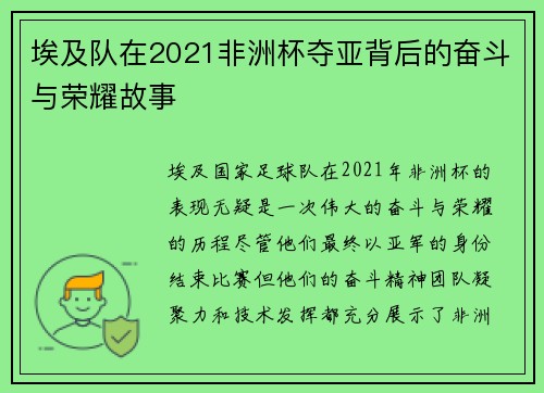 埃及队在2021非洲杯夺亚背后的奋斗与荣耀故事