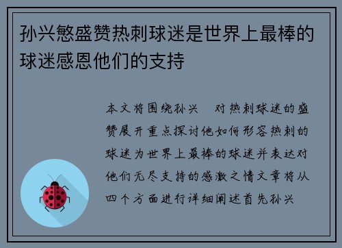 孙兴慜盛赞热刺球迷是世界上最棒的球迷感恩他们的支持