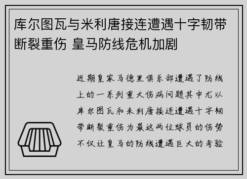 库尔图瓦与米利唐接连遭遇十字韧带断裂重伤 皇马防线危机加剧