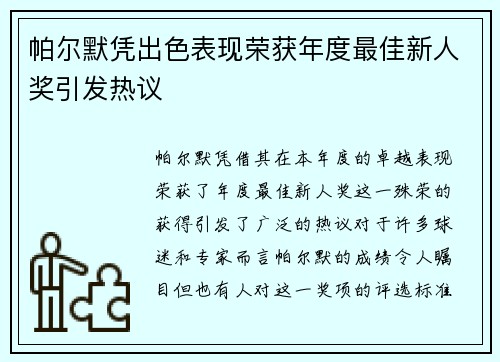 帕尔默凭出色表现荣获年度最佳新人奖引发热议
